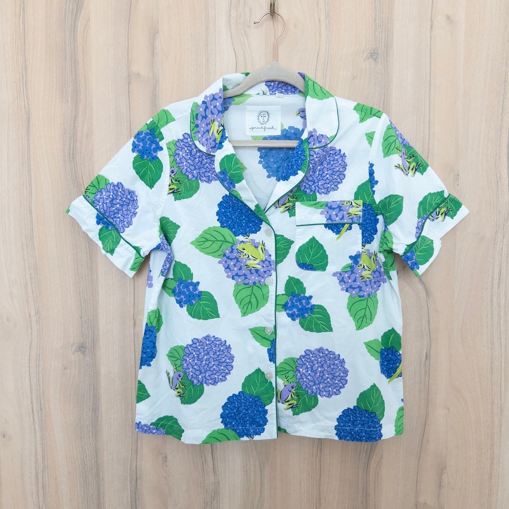 Printfresh Hydrangea Hideaway Pajama Top S White Organic Cotton Short Sleeve